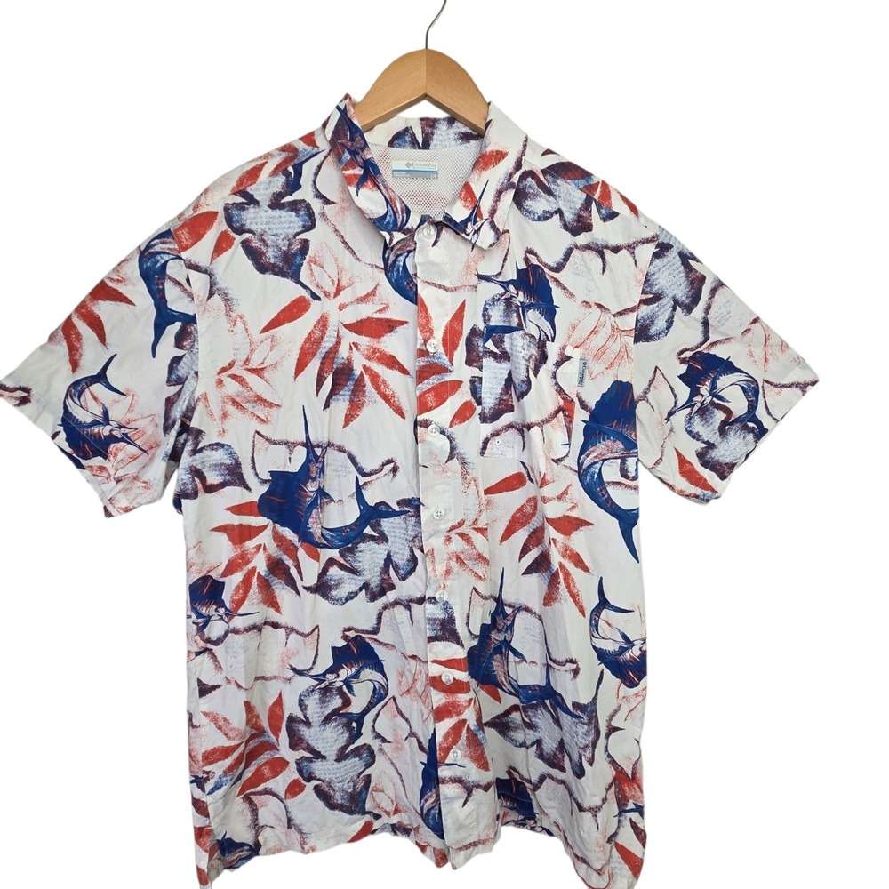 Columbia Mens PFG Vented Fishing Cotton Short Sleeve Button Shirt SZ‎ L Marlin